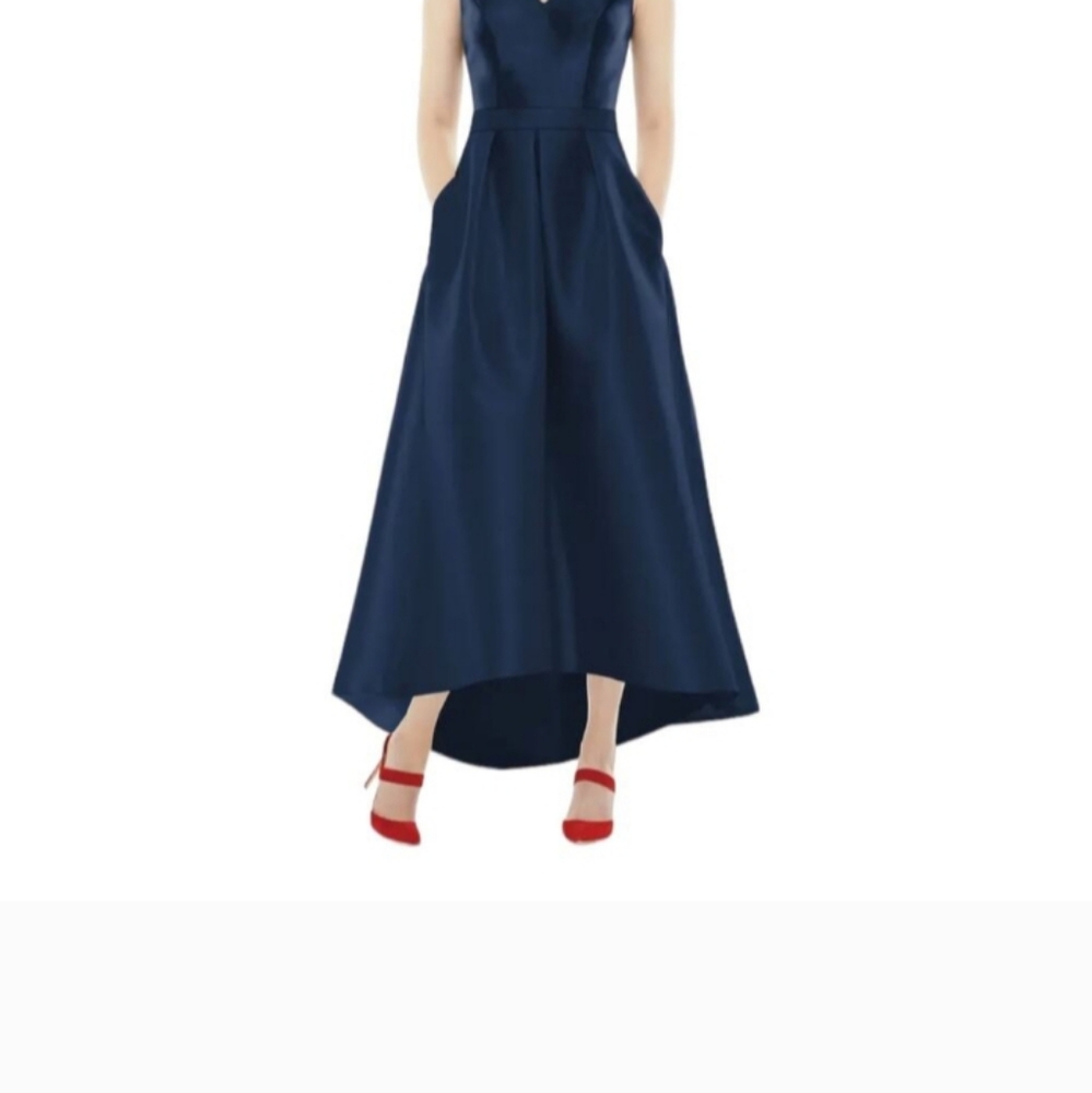 ALFRED SUNG Navy Blue Maxi Dress Satin W/Pockets.